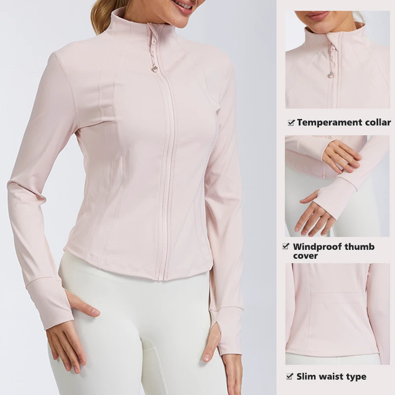 Quick-Drying Slim-Fit Stand-Up Collar Sports Long-Sleeve Yoga Jacket Zipper Spandex/Polyester Material for Women Outdoor Fitness