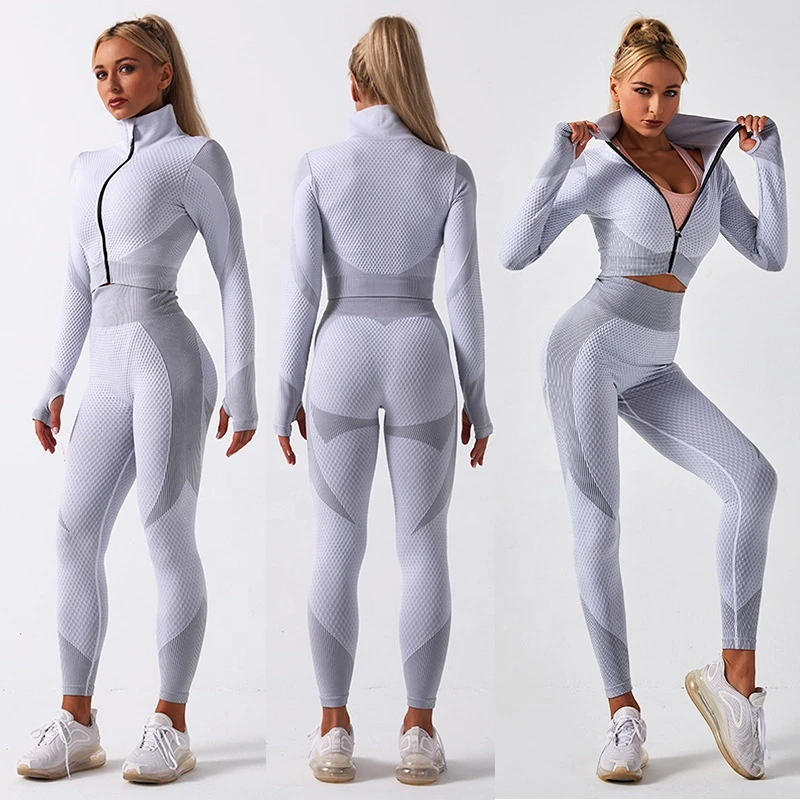 2021 New Girls' Gym Yoga Jackets & 3-Piece Set Eco-Friendly Breathable Waterproof Quick Dry Nylon/Polyester Leggings & Bra