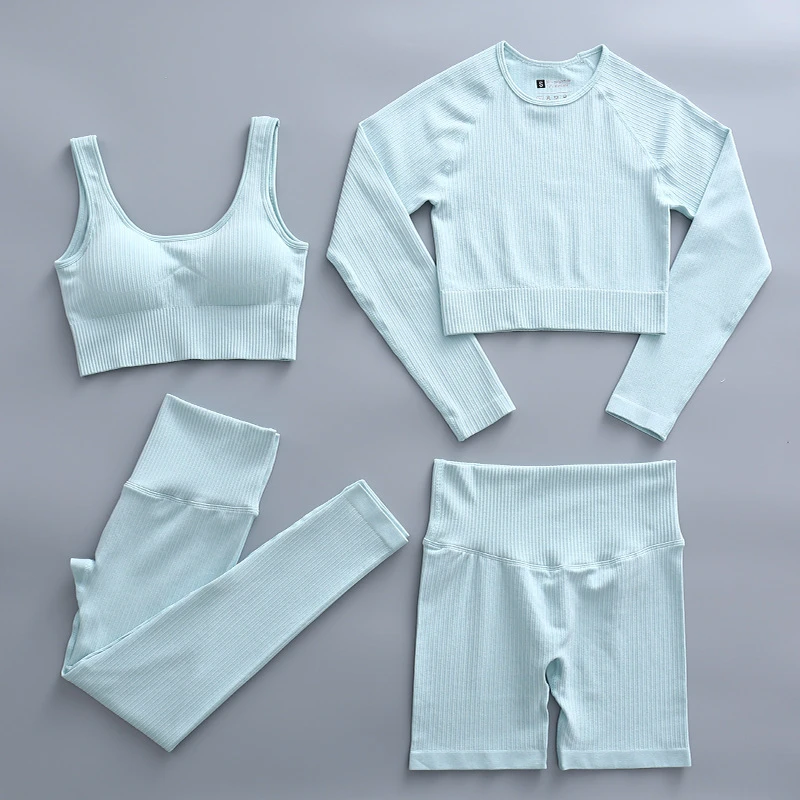 Women's Custom Logo Seamless Yoga Sports Clothing XL Size 4-Piece Gym Fitness Set Crop Top Leggings Bra Style Sportswear Sets