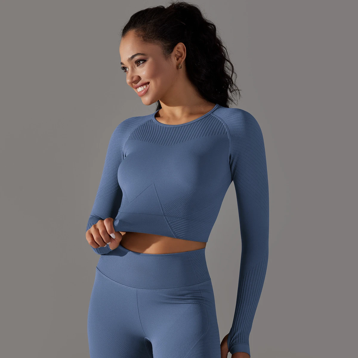 European & American Seamless Solid Color Jacquard Long Sleeve - High Elastic Tight Yoga Activewear