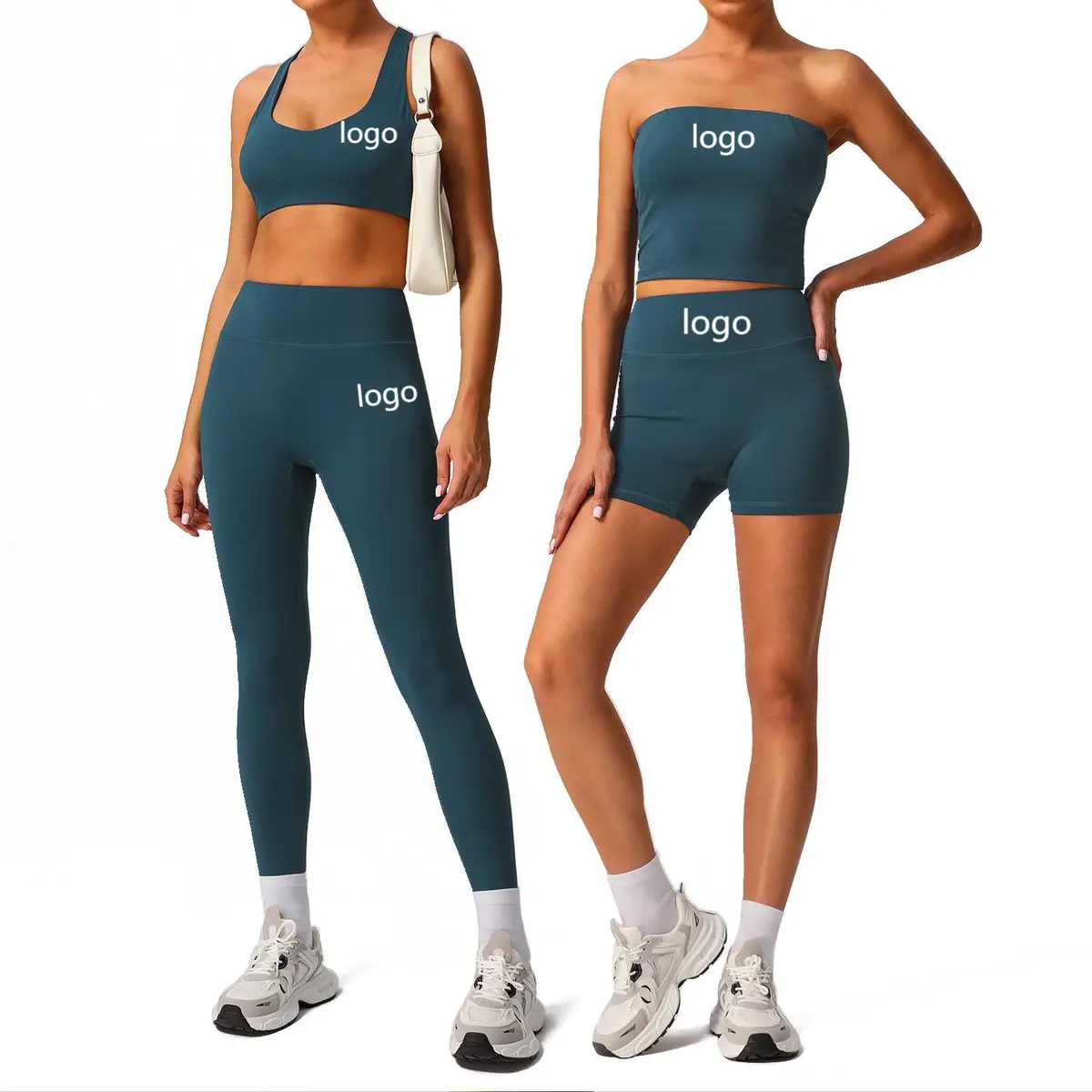 Custom 2-Piece Women's Yoga Set Solid Breathable Quick Dry Spandex Nylon Leggings & Shorts Workout Wear With Logo Placement Opti
