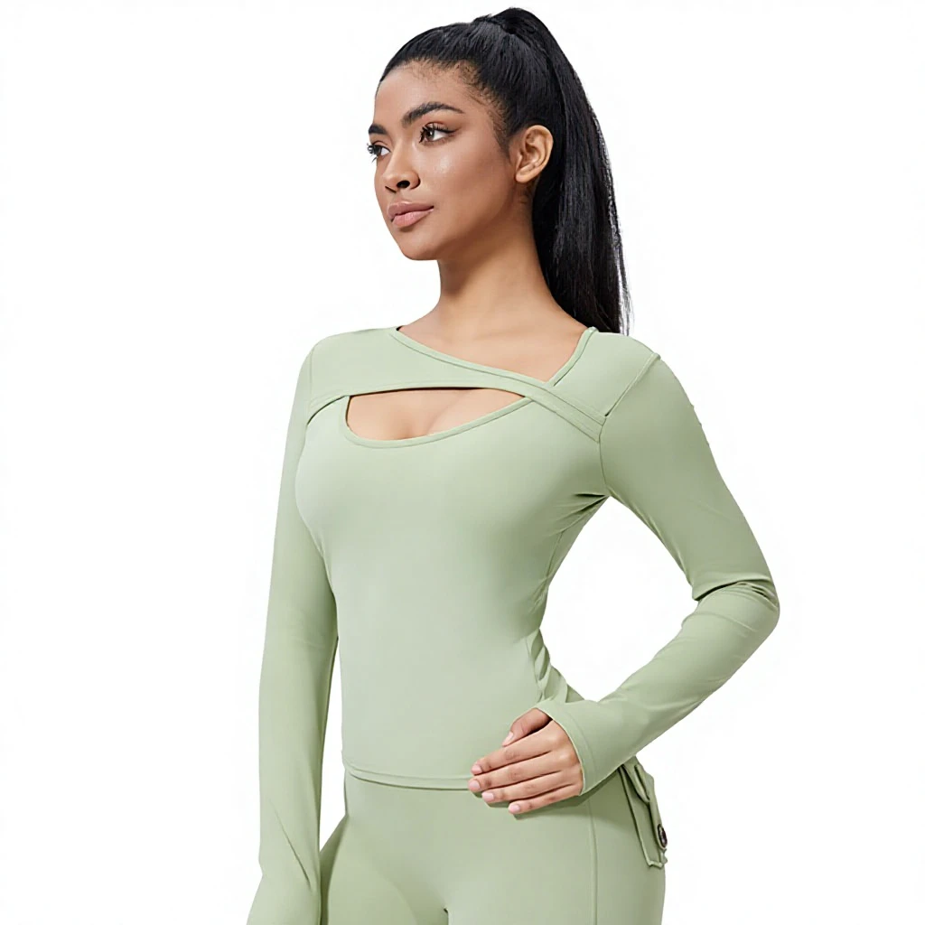 Long Sleeve Solid Heat-Transfer Printed Yoga Top Women Slim Fit Waist Belt Removable Pads Moisture Wicking Nylon Spandex Pilates