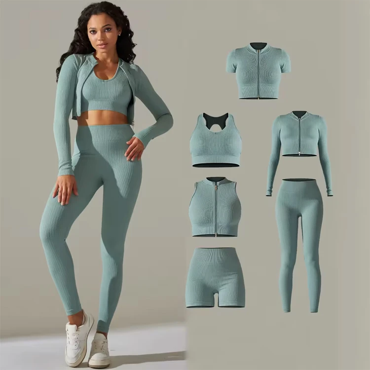 Wholesale Ribbed Soft Fabrics Gym Fitness Set High Stretchy Comfortable Leggings Sets for Women Quick Dry Women 6 Piece Yoga Set
