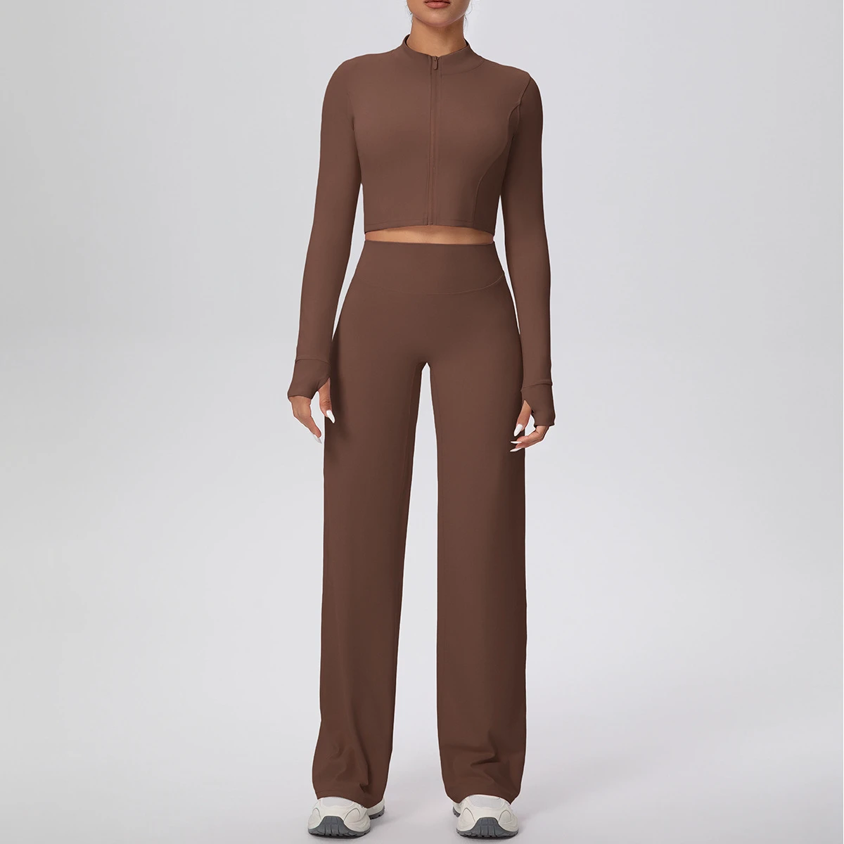 YS042 New Style Breathable for Solid Color Double-sided Brushed Zipper Jacket Wide Leggings Set Yoga Suit Sports Running Fitness
