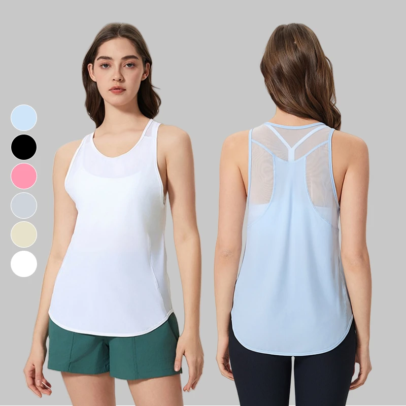 Wholesale Lightweight Women's Sleeveless Running Tops Breathable Quick Dry Gym Mesh Back Sports Vest Yoga Tank Top