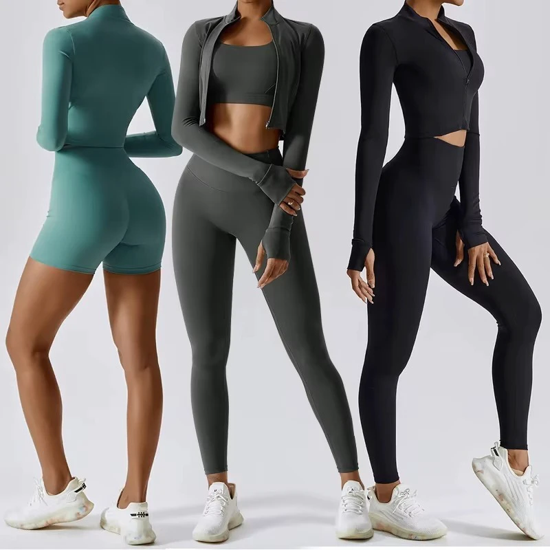 SHINBENE Women's 3 Piece Outfits Workout Bra Long Sleeve Jacket Exercise High Waist Leggings Shorts Yoga Set