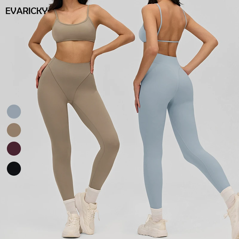EVARICKY Solid Breathable Yoga Suit Women's Tight Slimming Fitness Yoga Clothing Two-Piece Set Outdoor Running Leggings Sets