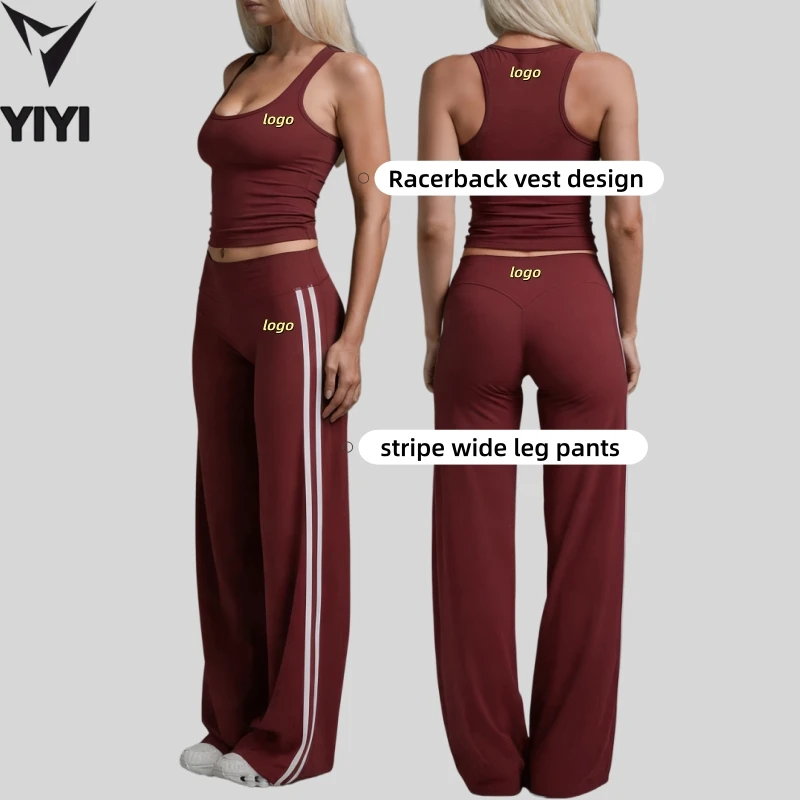 Custom Private logo Women Yoga Sport Clothes 2pieces Sets Racerback Vest Striped Wide Leg Pants Casual Sport Activewear Sets