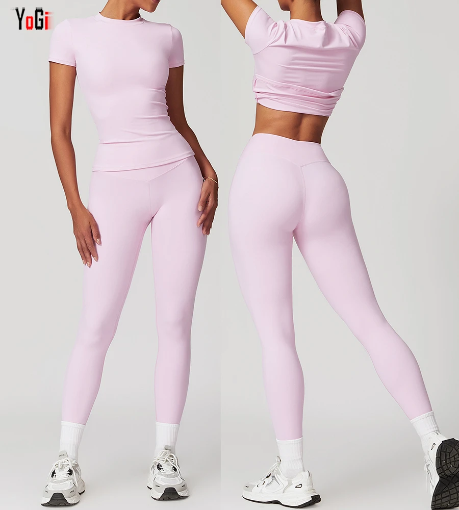 Hot Sale 3 Piece Women Workout Active Wear Short Sleeve Shirt Legging Sport Set Pink Yoga Sets Suits for Girls