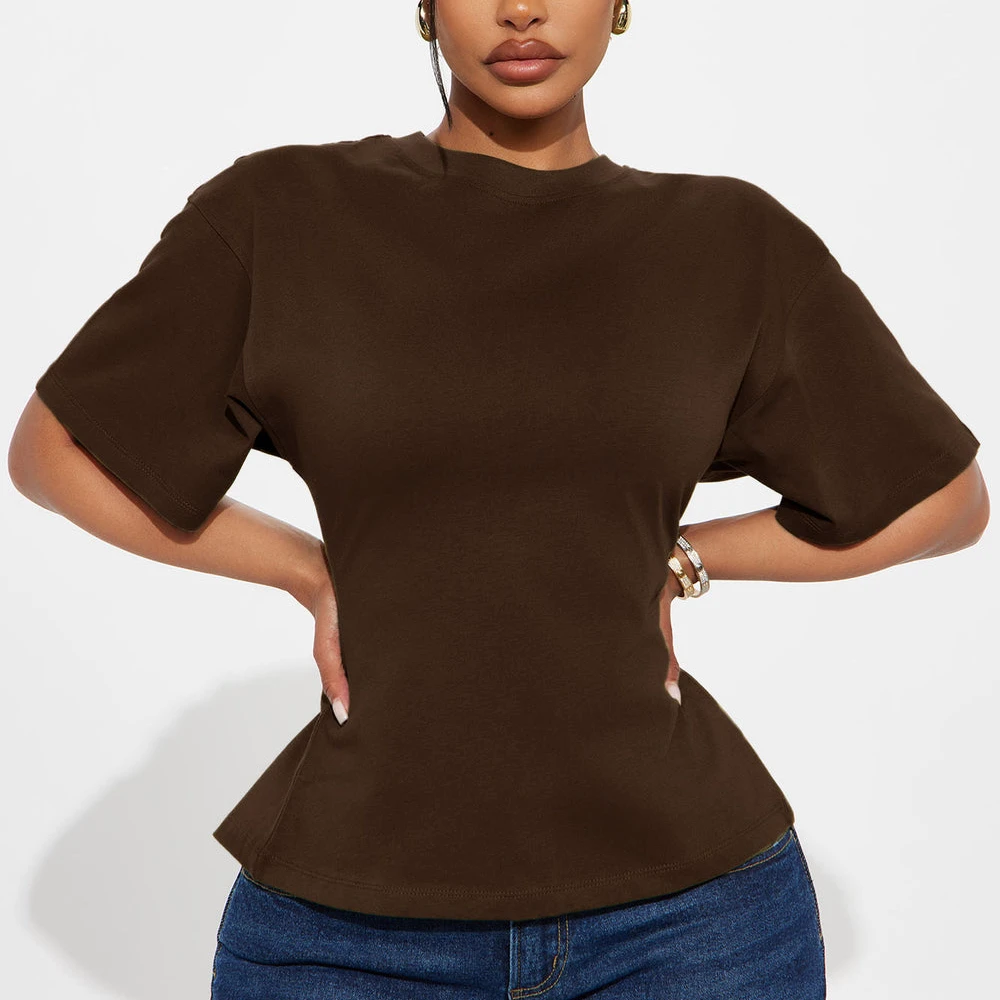 Women's Hip Hop Solid Brown Jersey Regular Fit Daily Casual Women Back Zip T-shirt Short Sleeve Curved Bottom Ribbed Gym T-shirt