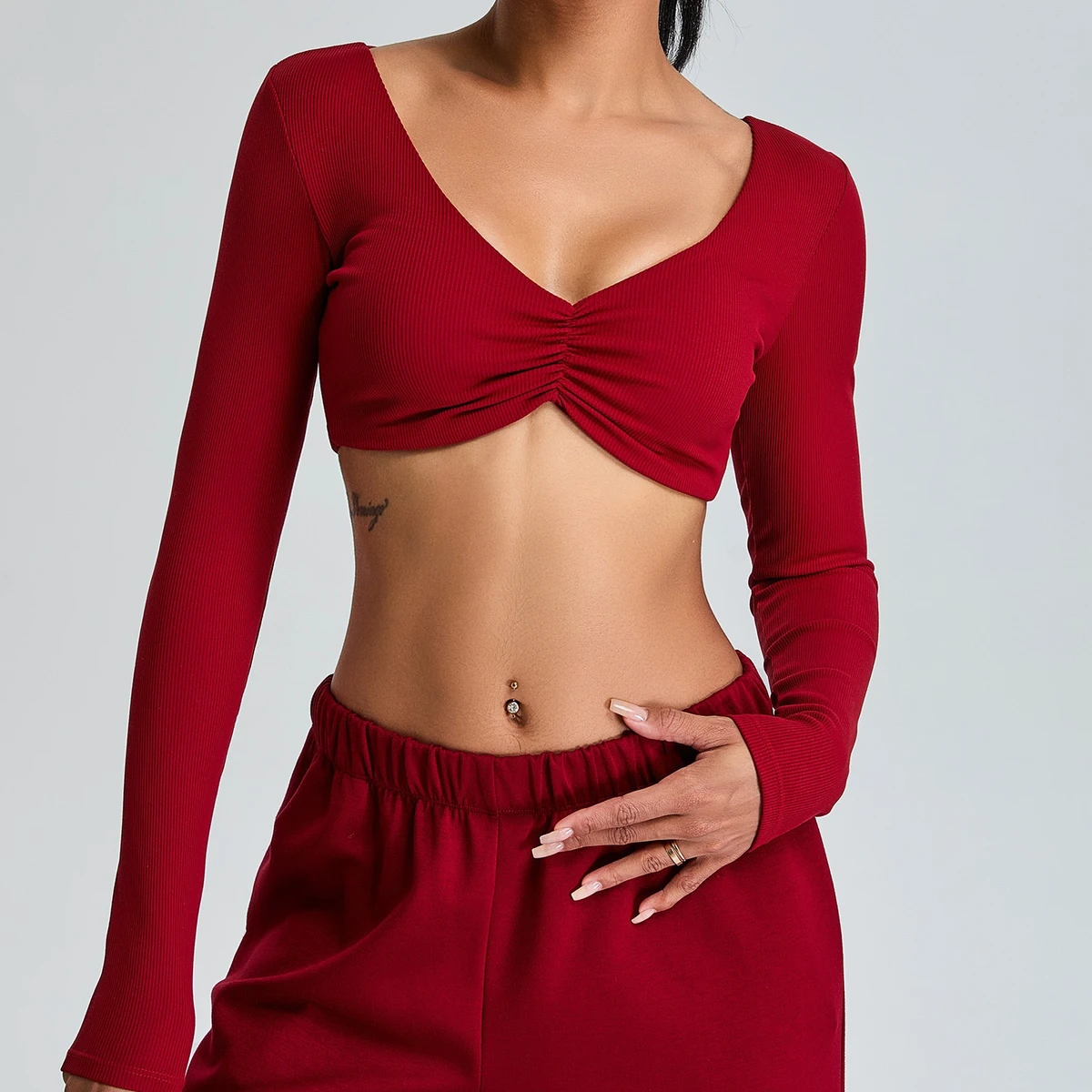 Autumn High-End Sports T-shirts New V-Neck Sexy Long-Sleeved Yoga Tops with Threaded Tights Fitness Clothes Breathable Features