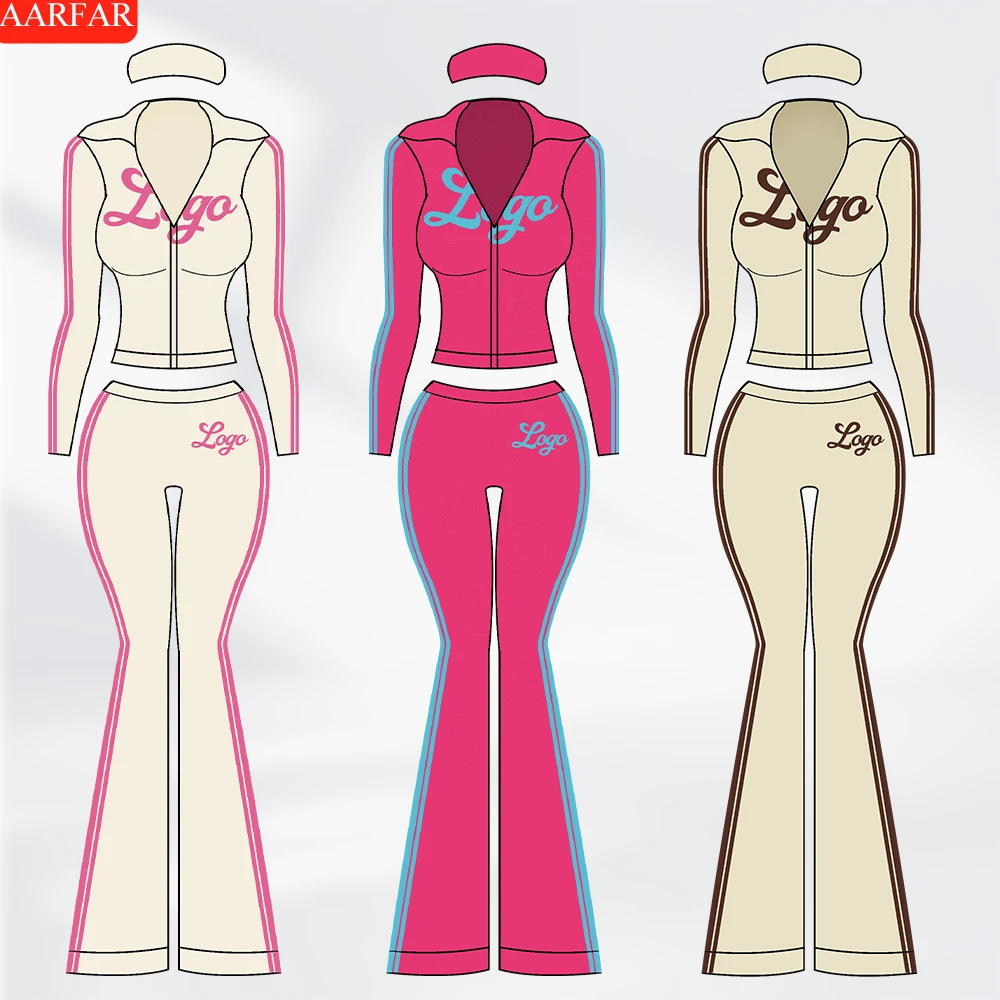 Activewear 2 Piece Yoga Set Women Custom logo Side Stripe Hoodies Jacket Nylon Elastane Flare Pants Gym Fitness Sets
