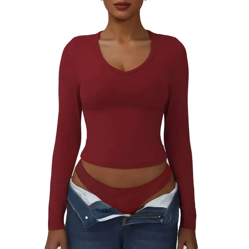 JY Women Sexy U Neck Long Sleeve Yoga Top Regular Fit Four-Way Stretch Quick Dry Breathable Fitness Dance Training Spandex/Nylon