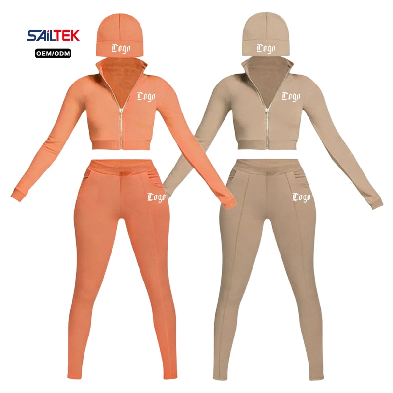 Zip up Stand Collar Crop Top and Skinny Legging Three Piece Set with Beanie Hat Winter Warm Yoga Gym Outfits for Women Tracksuit