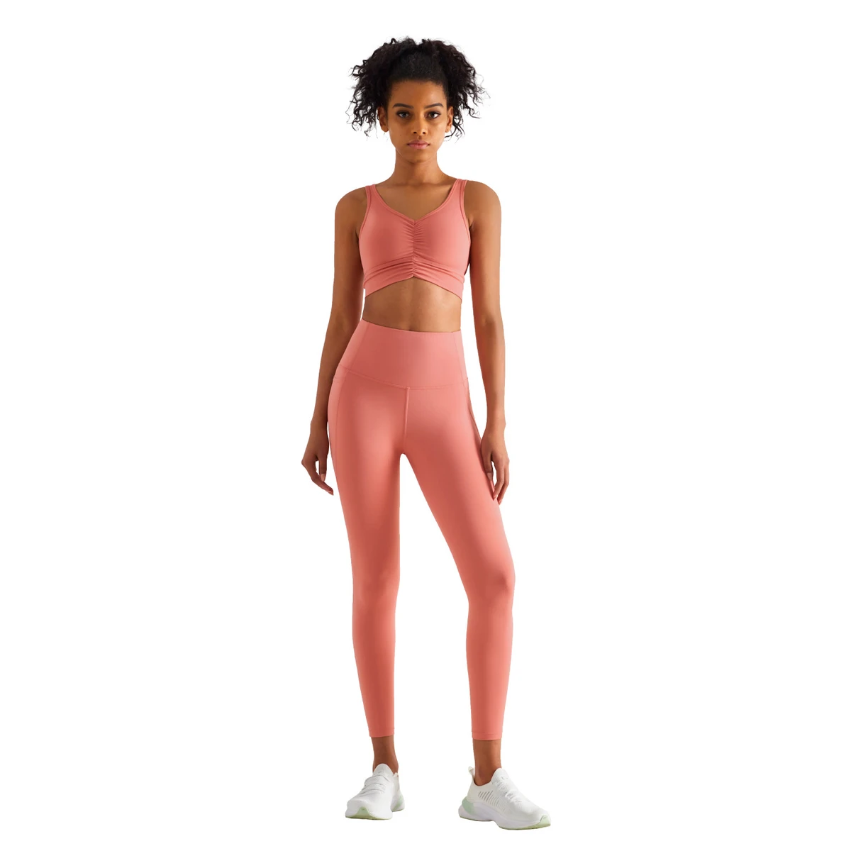 New Nude Solid Breathable Eco-Friendly Yoga Sports Bra with High Waisted Design Pleats Gather Breast Pads and Beauty Back