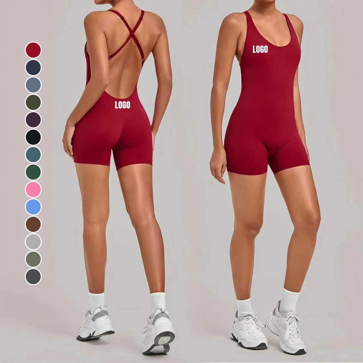 Custom Logo Women's Backless Yoga Bodysuit Quick-Dry Breathable Adjustable Shoulder Strap One Piece Playsuit Tight Gym Bodysuit