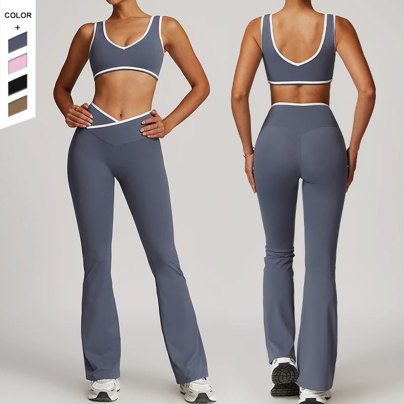 Customized Logo Moisture Wicking Set Crossed High Waisted Pants Contrasting Colors Open Bra Running Fitness Yoga Set
