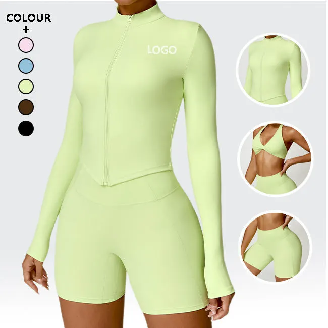 Women Solid Breathable Seamless 2 Piece Activewear Set High Waist Shorts and Full Zip Jacket Stand Collar Workout Yoga Set