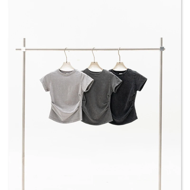 Summer American Style Waist-cinching Slimming Round Neck T-shirt Y2k Sexy Girl Shoulder Wash 285G Short Sleeve