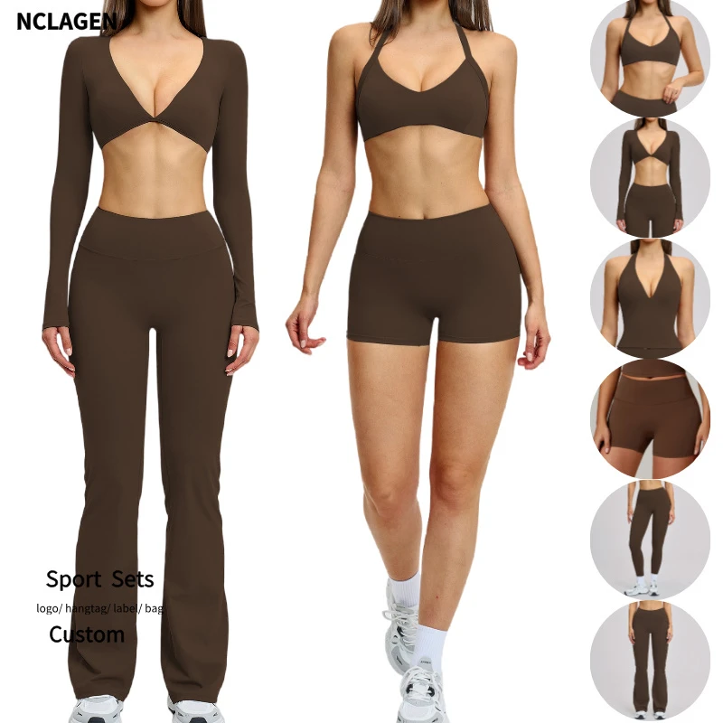 NCLAGEN Women Gym Fitness Sets Breathable Quick Dry 6 Piece Yoga Suit High Waist Leggings Tight Fitting Padded Tank Top