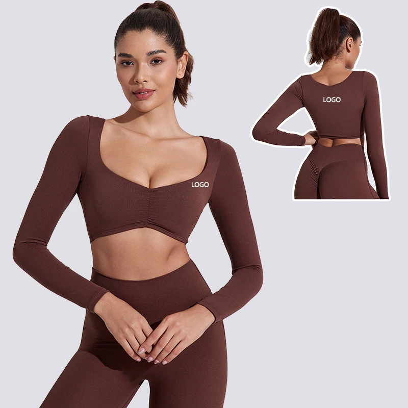 Custom Logo Women Long Sleeve Yoga Crop Top Ruched Front Pleated Quick Dry Breathable Gym Fitness & Yoga Wear Womens Sportswear