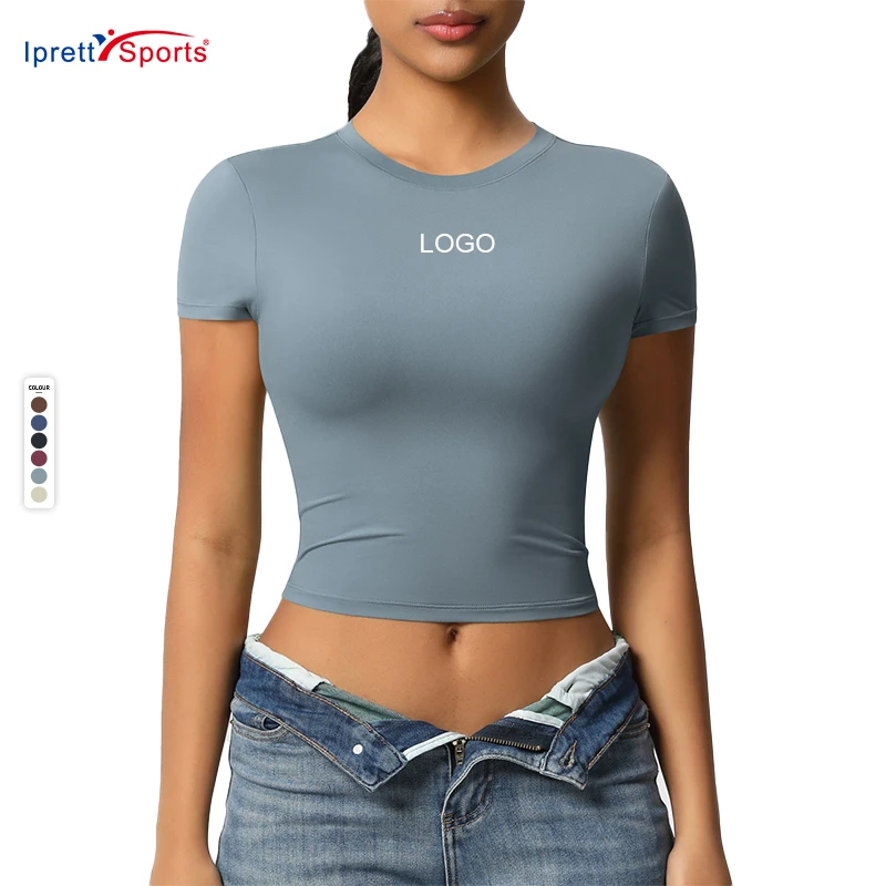 Quick Dry Womens Short Sleeve Yoga Top Custom Logo Gym Wear Round Neck Slim Fit Running Sport T-shirt