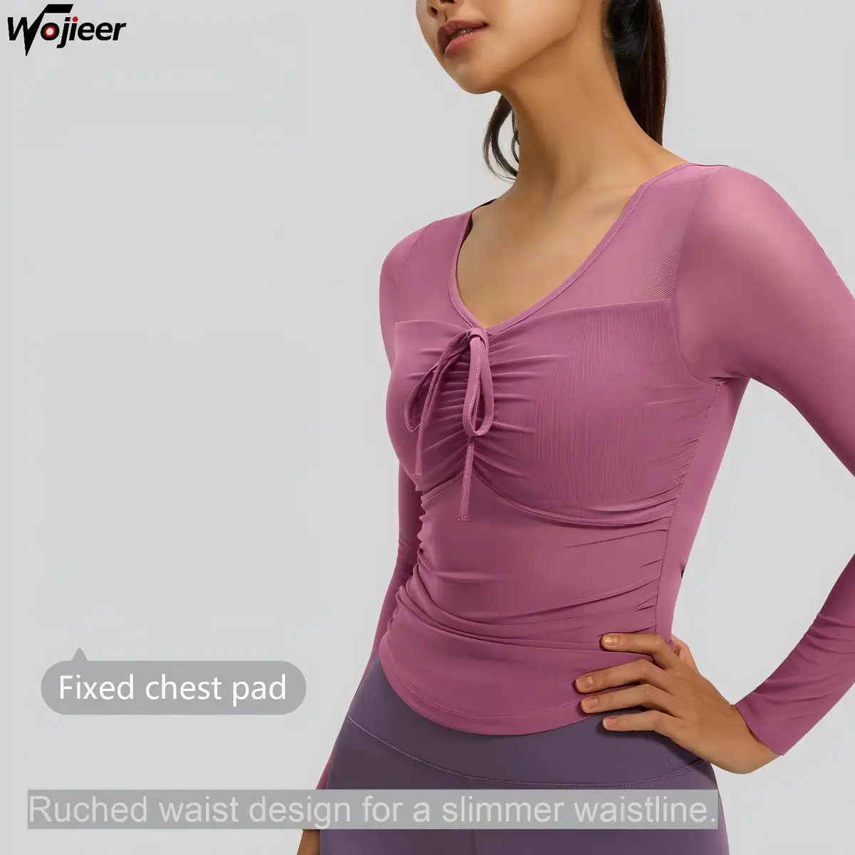 WOJIEER Women Mesh Long Sleeve Yoga Top Ruched Waist Tummy Control Built in Bra Slim Fit Fitness Shirt Women's Yoga Clothes