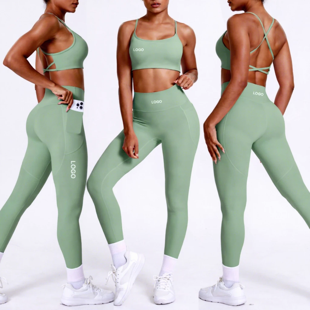 Wholesale Women's Beautiful Cross-Border Strap Fitness Bra Leggings Set Solid Back Gym Sportswear Two Piece Yoga Sets for Women