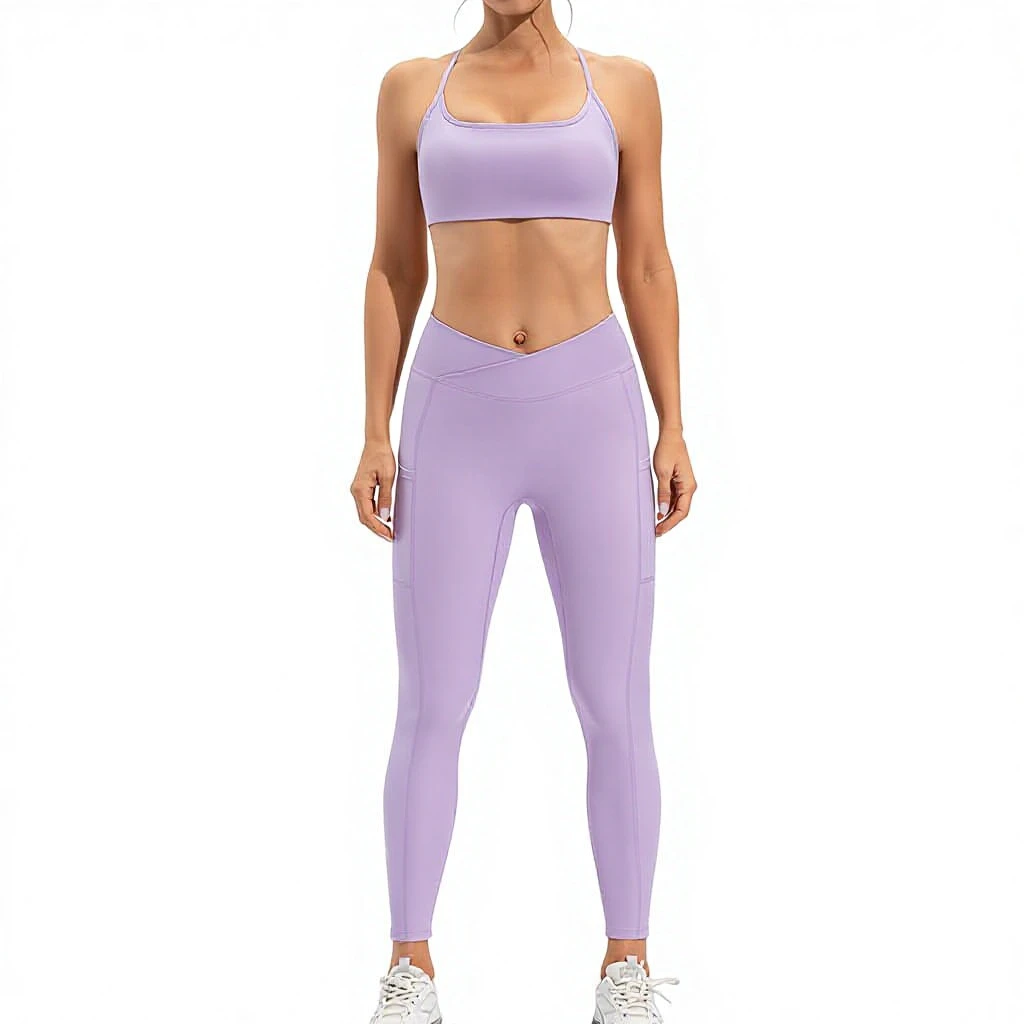 European American Naked Yoga Back Fitness Top Women's Hip Solid Quick-drying Breathable Tight Running Outdoor Sports 2-Piece Set