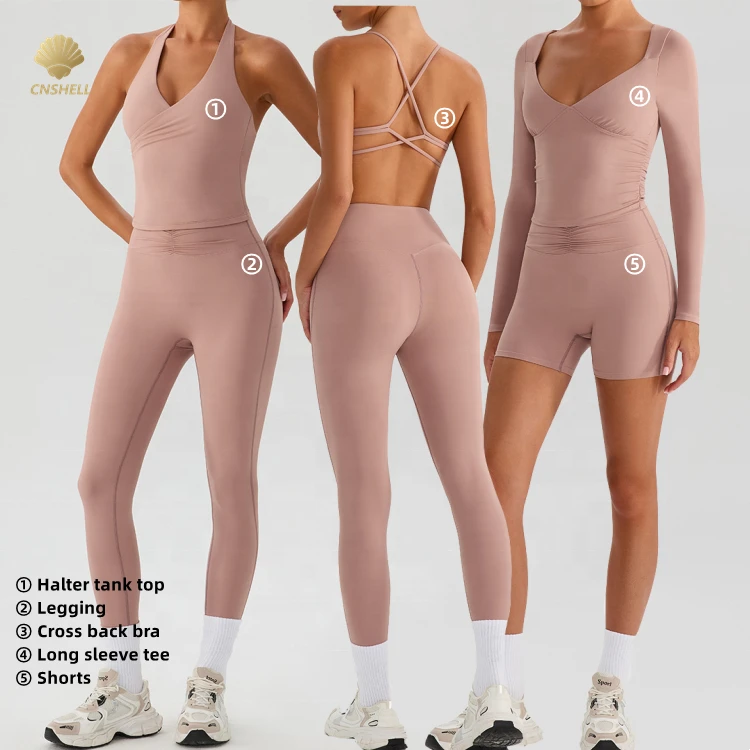 CNSHELL Cross Back Long Sleeve Autumn Halter Pleated Legging Yoga Sports Tennis 5 Pieces Set Brand Sets Build in Bra