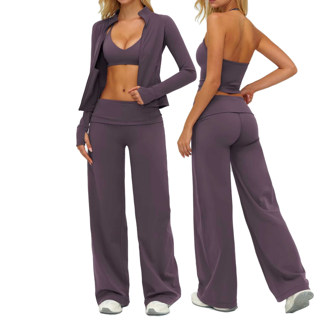 Spandex/Nylon Women's Deep V Neck 3-Piece Yoga Set Seamless Bra Ankle Length Flared Leggings Sleeveless Jacket Four Way Stretch