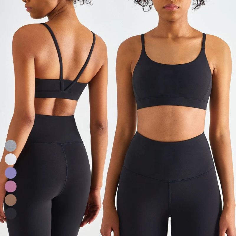 High Quality Women's Light Support U Neck Yoga Sports Bra Buttery Soft Thin Straps V Back Workout Padded Running Sports Crop Top