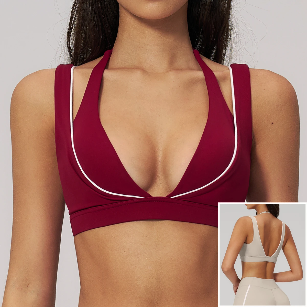High Quality V-neck Tank Top Fitted Brushed-Fleece Yoga Bra with Back-Exposing Design for Outdoor Running and Fitness