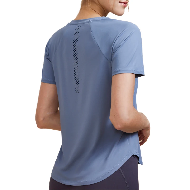 Women's Custom Logo Summer Workout Fitness Top Quick Dry Stretch Mesh Patchwork Curve Hem Yoga & Running Training Shirt