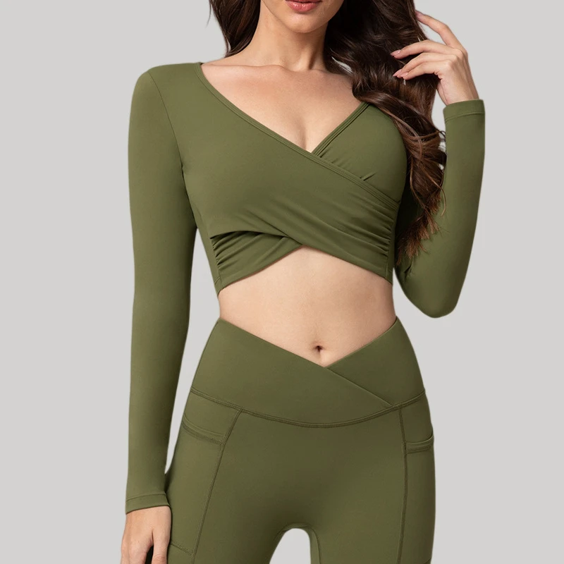 Hot Sale Nylon Spandex Yoga Top for Women Sexy Cross Deep V Slim Fit Short Long Sleeved Yoga Sports Top Gym Fitness Wear