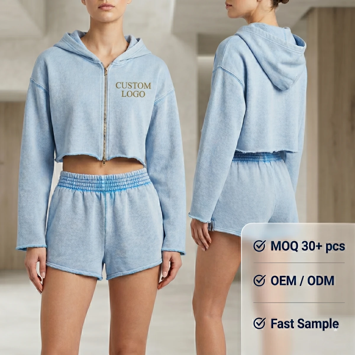 Women Zip Up Cropped Hoodie Full Sleeve High Waist Above Knee Pants Set Casual Lounge Two Piece Set OEM ODM Custom Logo Supplier