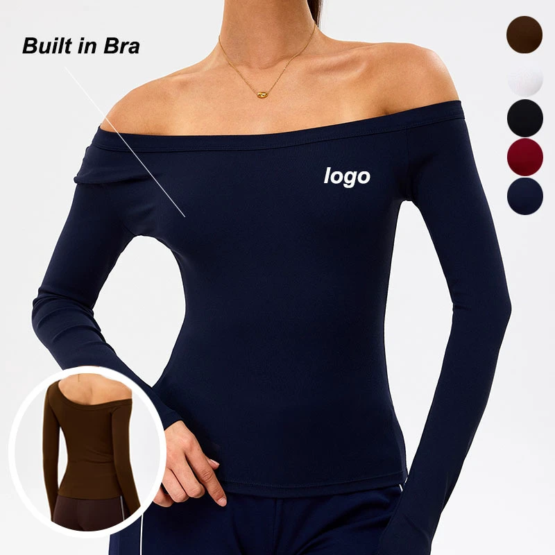 2026 New Product Yoga Gym Tops For Women Long Sleeve Quick Dry Ribbed Off Shoulder T Shirts Slim Fitting Casual Gym Clothes