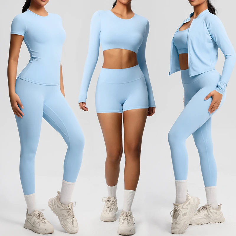 Yoga Sets Fitness Women Custom Workout 3 Piece Sets Yoga Fitness Breathable Seamless Long Sleeve Crop Top Pants Active Wear Sets