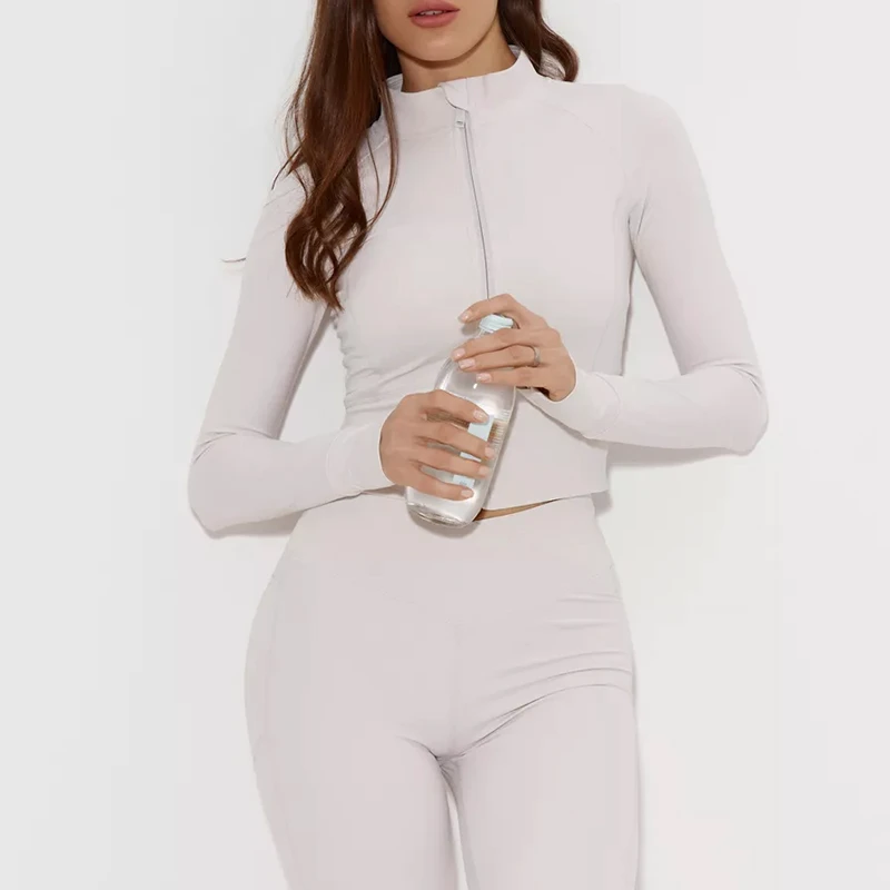 Custom Nylon Spandex Print Four-Way Stretch Elastic Waist High Waist Yoga Top Gym Short Long Sleeve Activewear Front Logo
