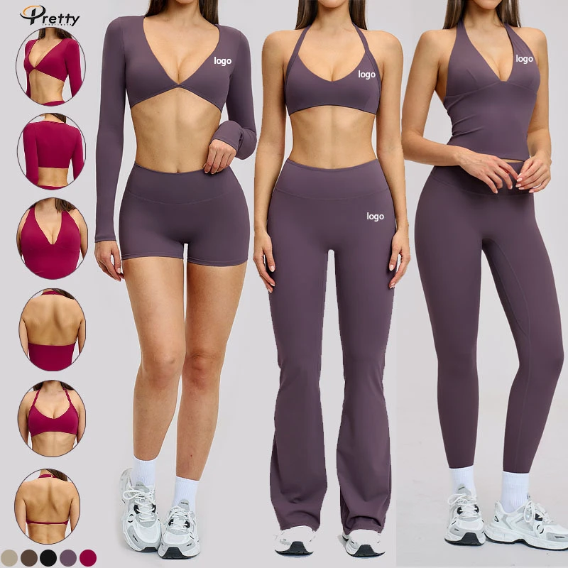Custom Logo 6 New Brushed Sportswear Gym Sport Activewear Tight Flare Leggings Bra Invest Short for Women Workout Yoga Wear Sets