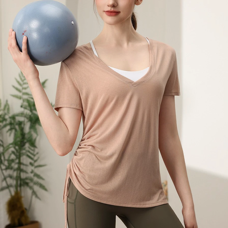 Viscose/Polyester Solid Simple Loose Breathable Yoga Top Womens Pleated Slimming Sports Short-sleeve T-shirt 140g Sublimation