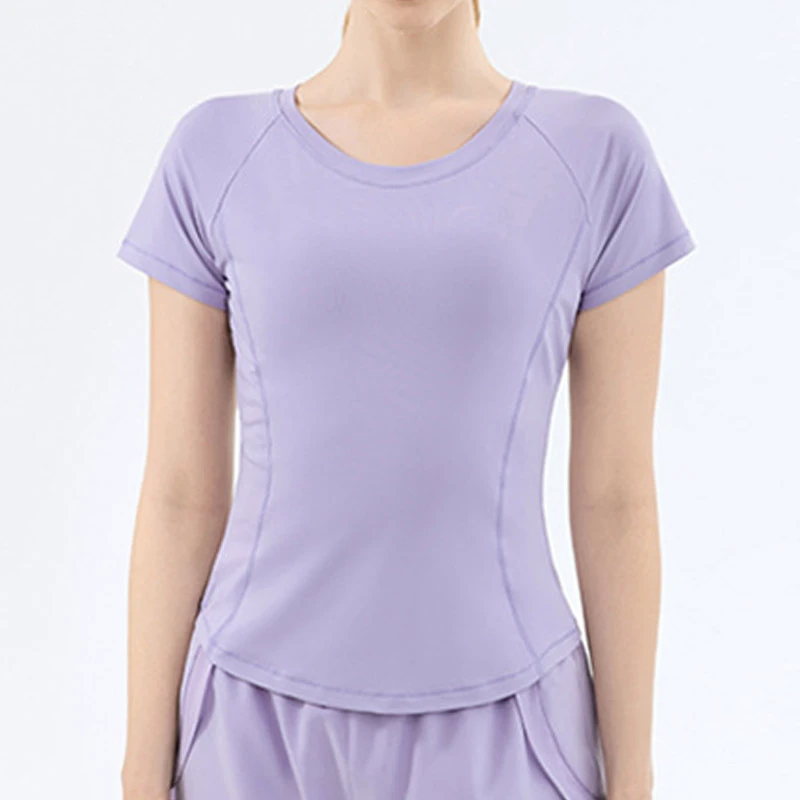 Custom Logo Yoga T Shirt Fitness Running Round Neck T-shirts Solid Color Back Mesh Stitching Women Short Sleeve