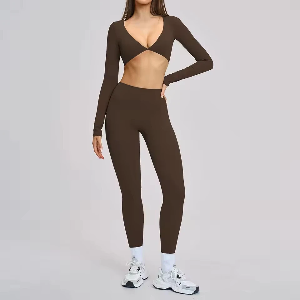 Women's Solid Front Full Length Yoga Sports Suit 2-Piece Set Four-Way Stretch Nylon/Spandex Cross-Border Fashion Leisure Fitness