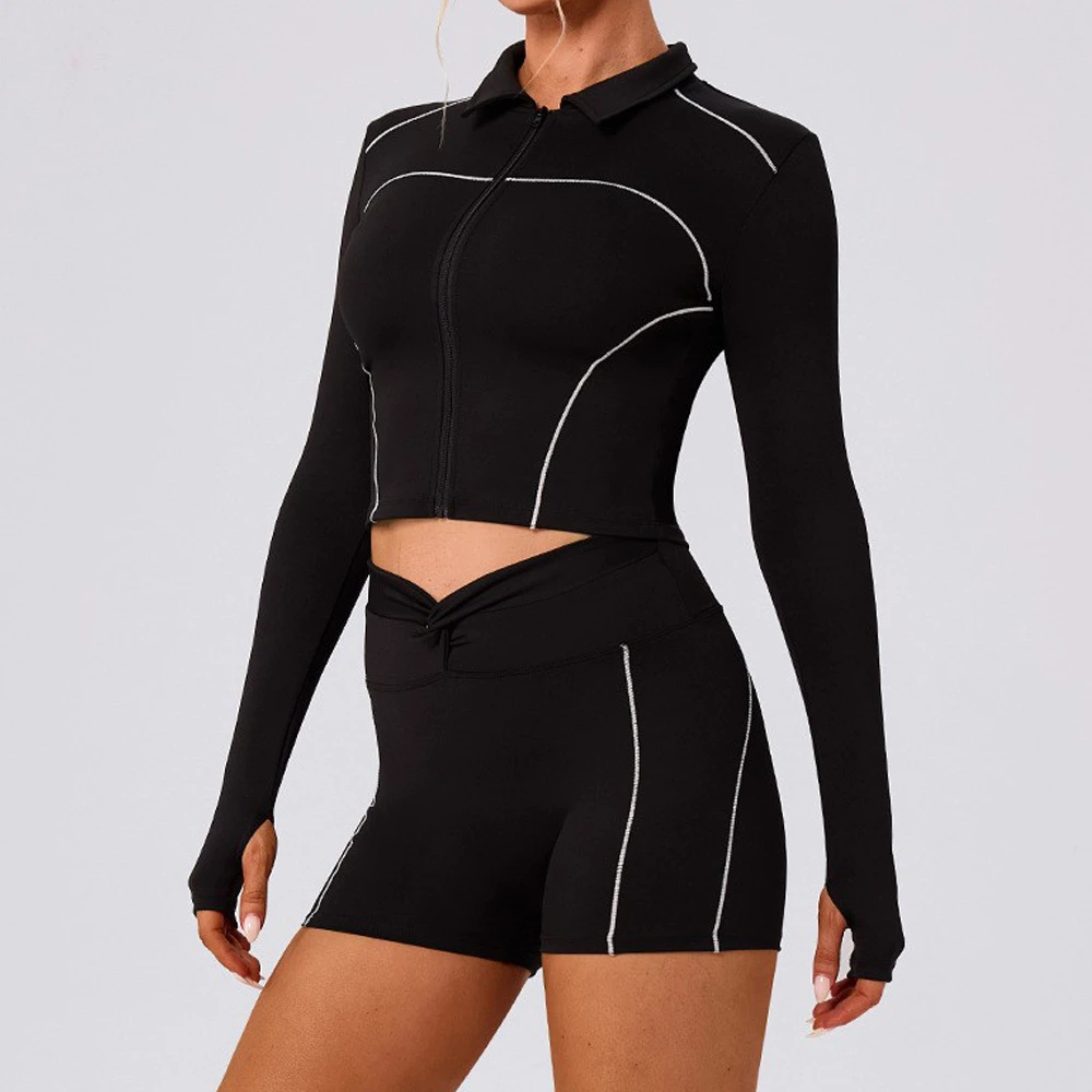 Slim Fit Full Zip Yoga Jacket and High Waist Twisted Shorts Set for Women Gym Workout and Training