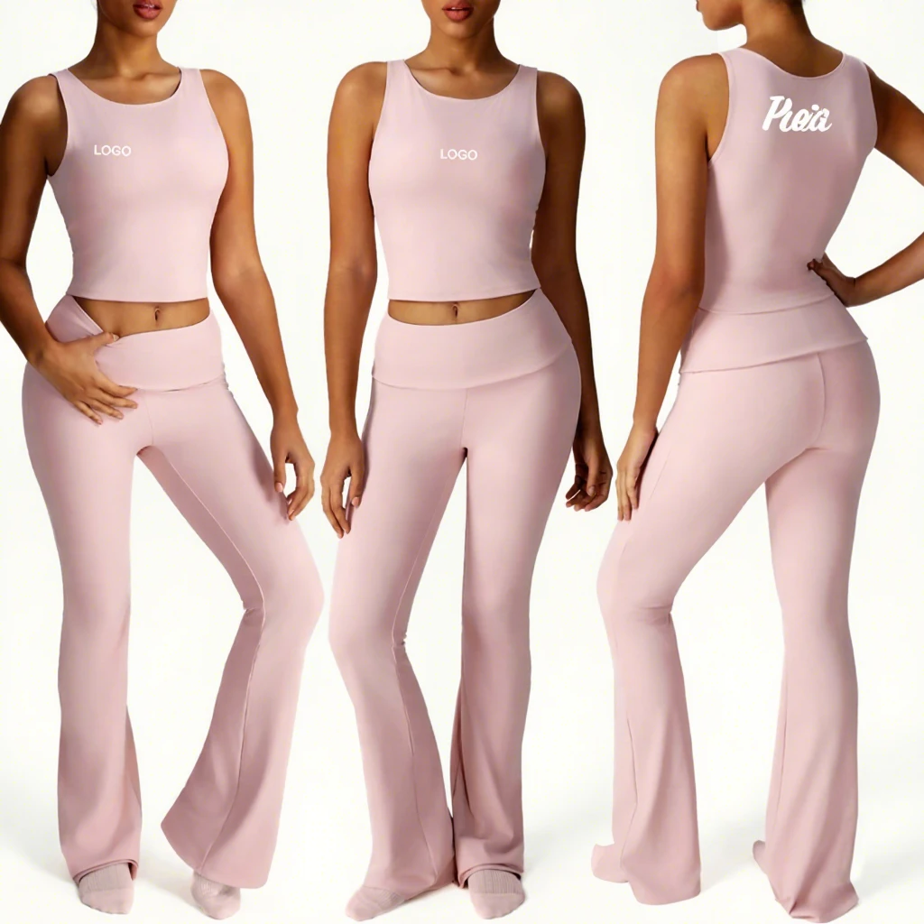 Wholesales High Quality Fitness Clothing Sleeveless Yoga Vest Elastic Waist Flared Pants Two Piece Slim Fit Fitness Workout Set