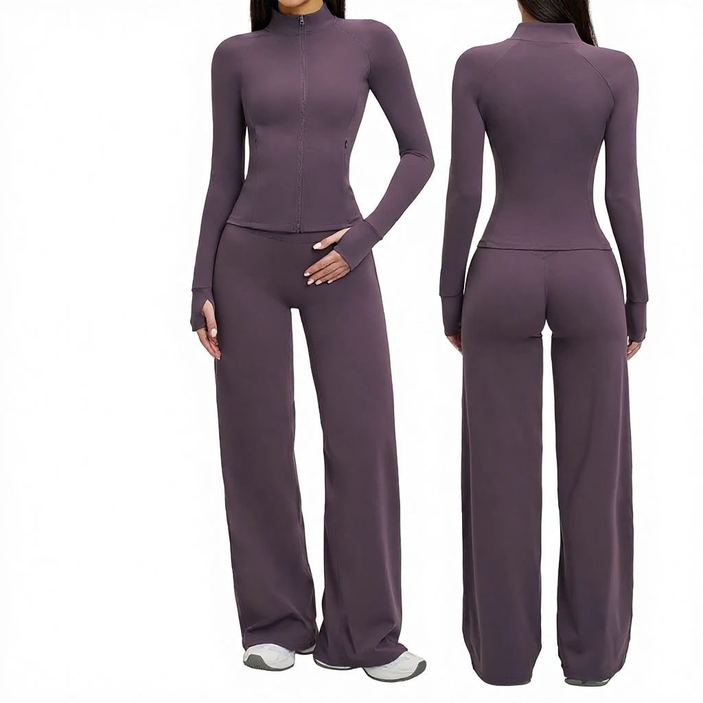 European American Breathable Lightweight Long Sleeve Yoga Suit Casual Yoga Coat Sports Running Fitness 2 Piece Set Front 4510