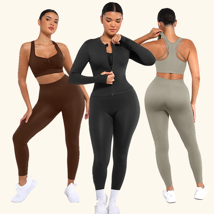 Plus Size Outfit Sports Jacket 3 Pieces Yoga Set Seamless Gym Fitness Sets Hip Enhancer Workout Set Women Fitness Active Wear