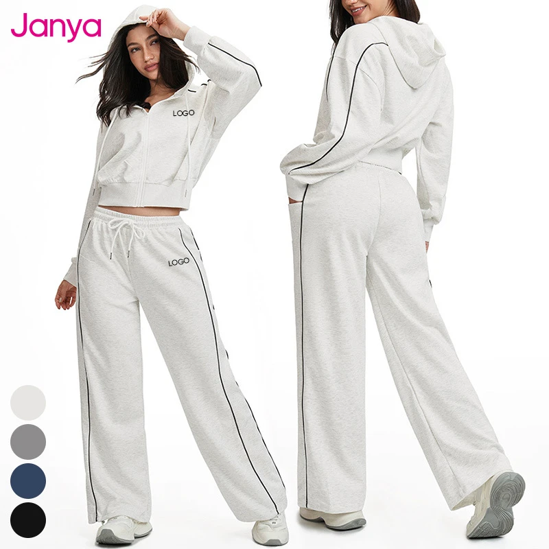 Janya Loose Gym Fitness Clothes Sets Drawstring Waist Sweatpants Hooded Zip Jacket Suit Color Blocked 2 Piece Yoga Set for Women