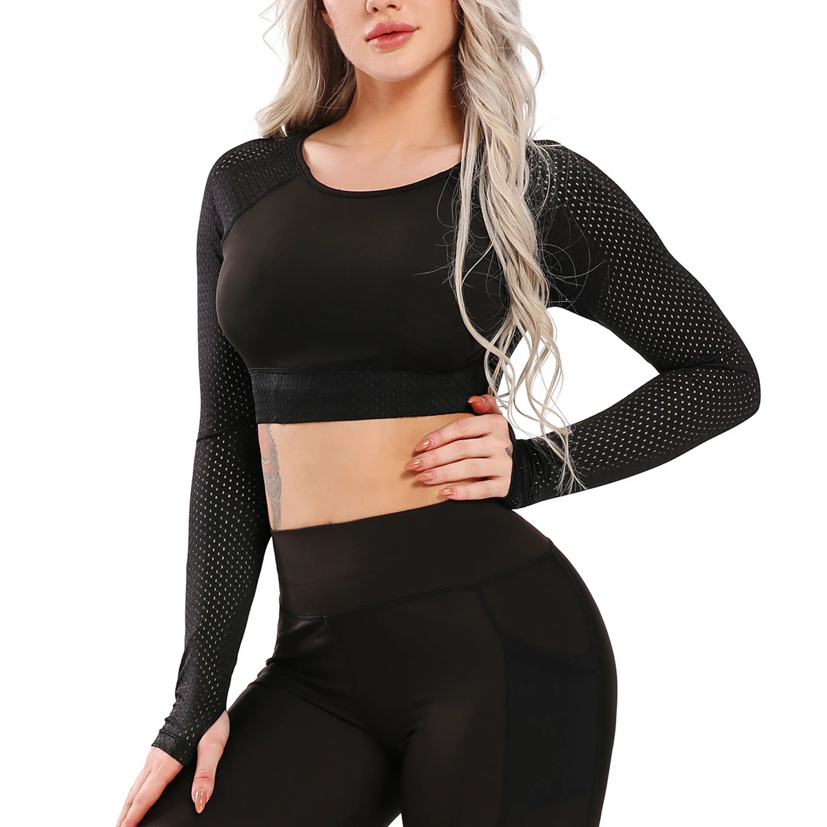 Activewear Women's Athletic Mesh Long Sleeve Crop Top Shirt Workout Yoga Dry Fitness T-shirt