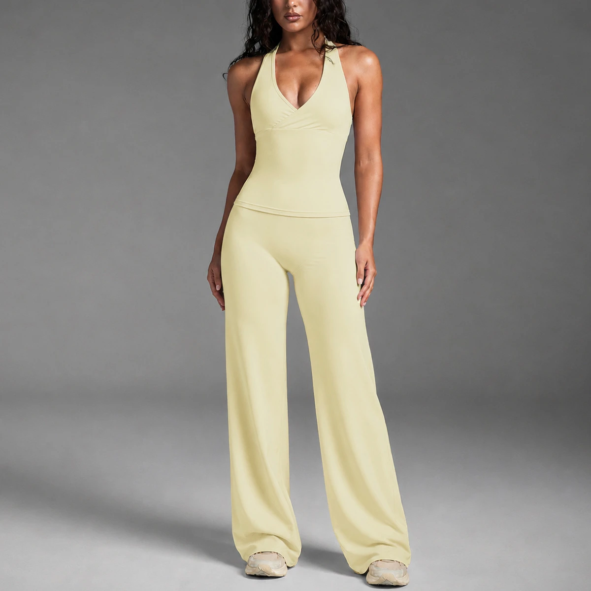 Women Pilates Yoga Clothes Suit Sexy Backless Tank Top & Wide-Leg Pants Gym Fitness Set